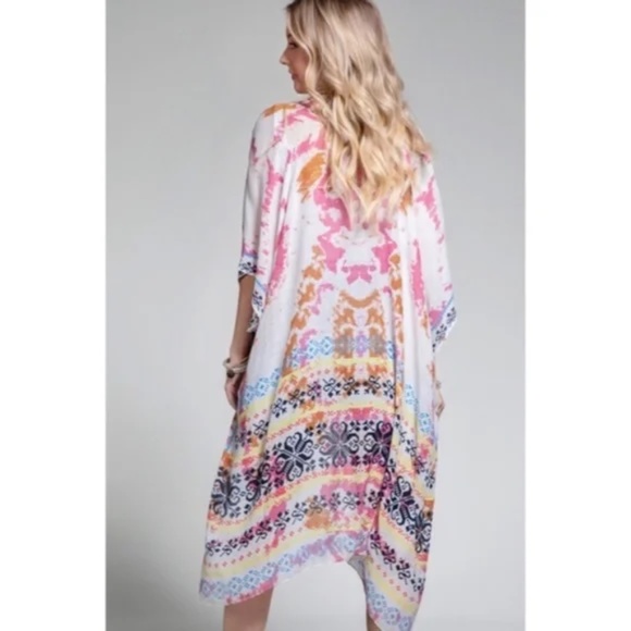 SOLD OUT Colorful Tie Dye Bohemian Ethnic Border Motif Kimono Wrap Coverup Open - Picture 5 of 5